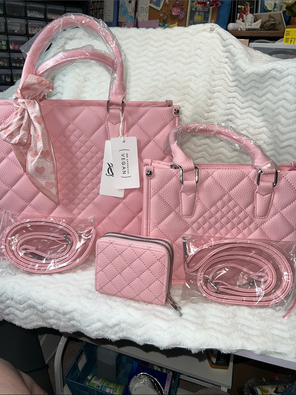 Chic Quilted Pink Vegan Leather Tote Set with Wallet